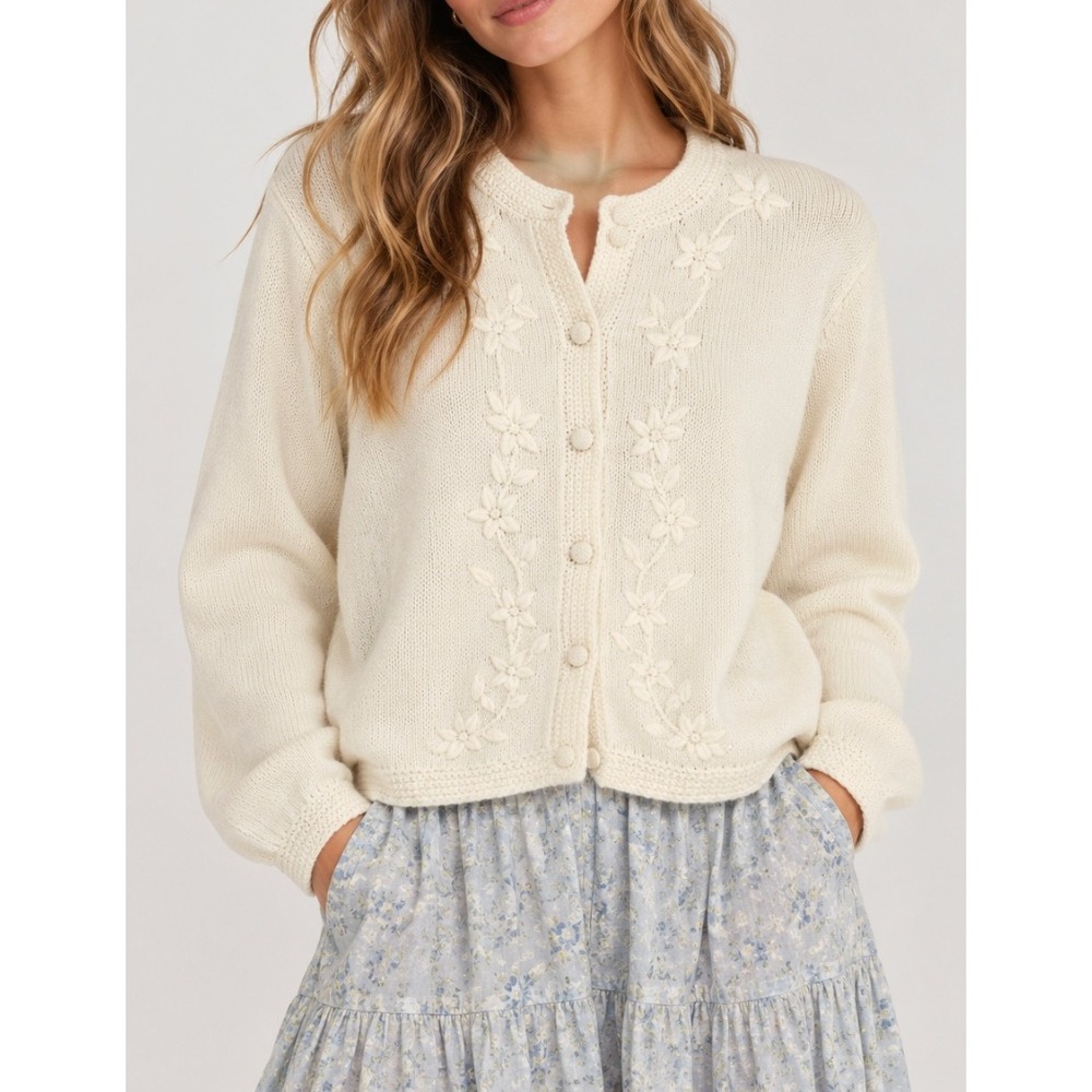 NEW Lands End Ivory Cotton Floral Embroider Knit Button Front Cardigan Sweater M
